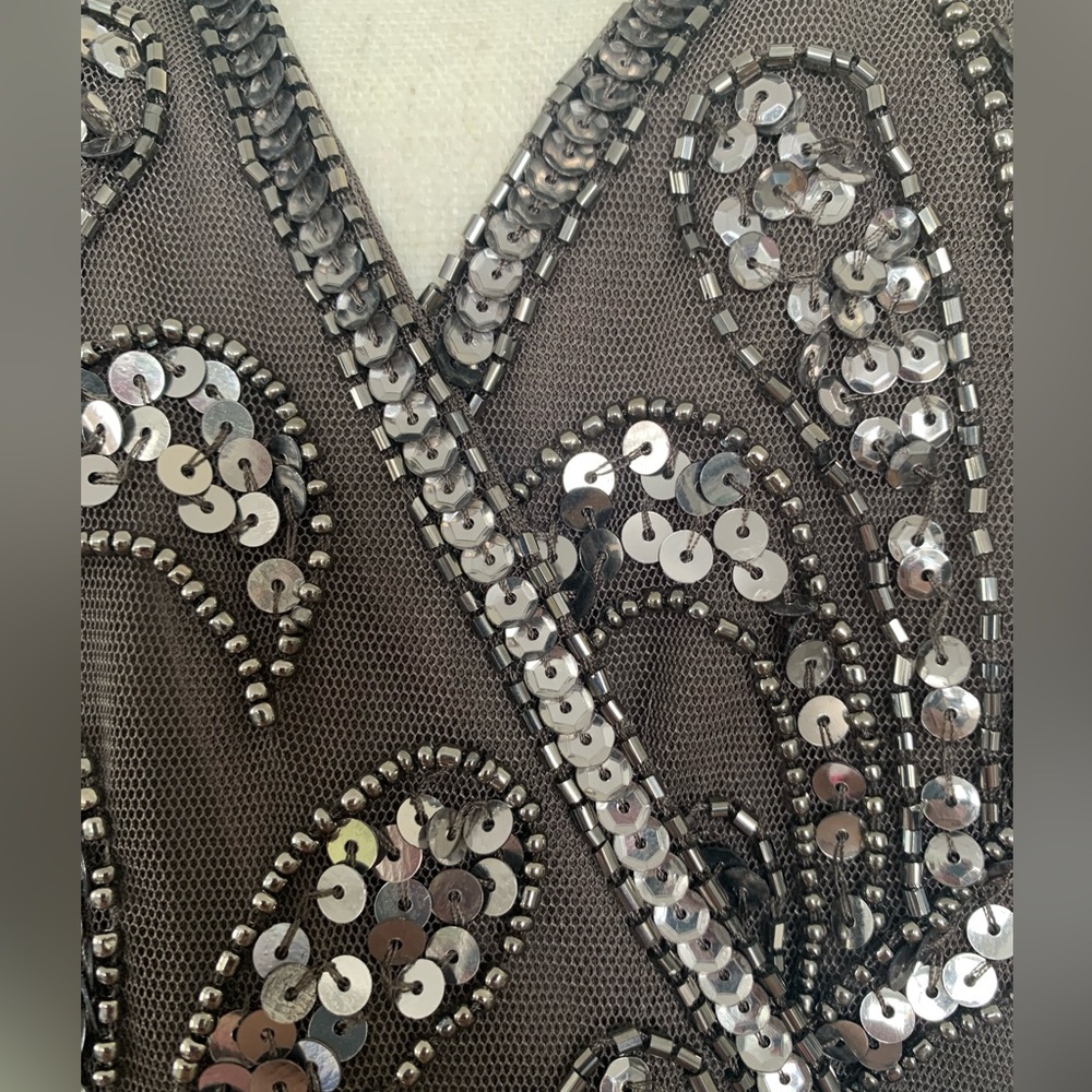 Adrianna Papell Women's Size 14 Taupe Dress Formal Hand Beaded Knee Length - Picture 15 of 16